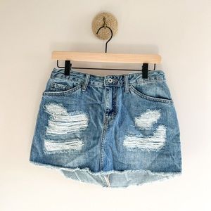 Medium Wash Distressed Jean Mini Skirt